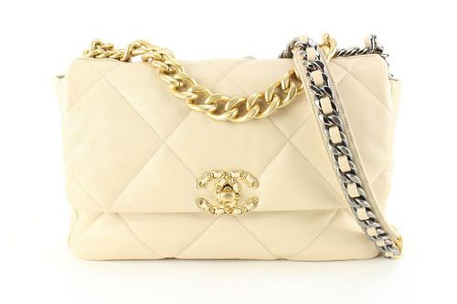 CHANEL BEIGE QUILTED LAMBSKIN LARGE CHANEL 19 FLAP