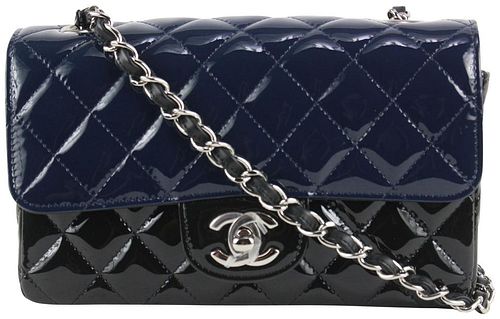 CHANEL BICOLOR BLACK X NAVY QUILTED PATENT MINI CLASSIC FLAP SILVER