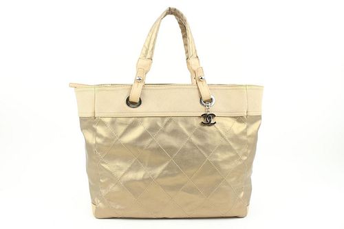CHANEL GOLD QUILTED CC LOGO BIARRITZ GM TOTE