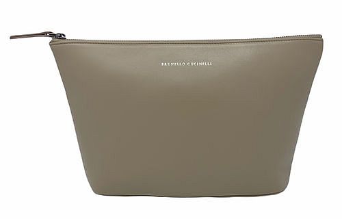 BRUNELLO CUCINELLI TAUPE LEATHER COSMETIC BAG