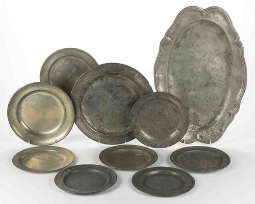 ASSORTED PEWTER PLATES AND PLATTER, LOT OF TEN