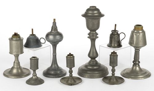 ASSORTED PEWTER FLUID AND WHALE-OIL LAMPS, LOT OF NINE