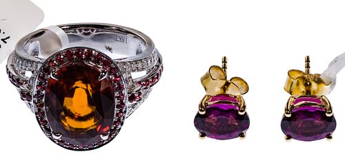 18k Gold and Garnet Ring and Pierced Earrings