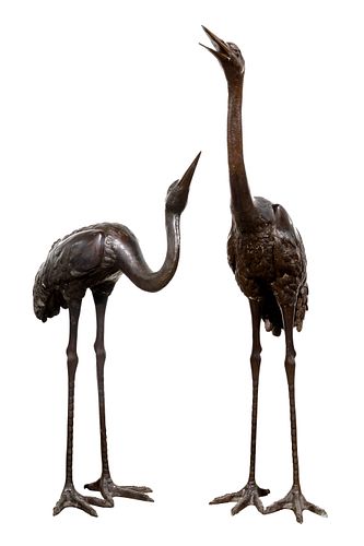 Patinated Cast Bronze Crane Sculptures
