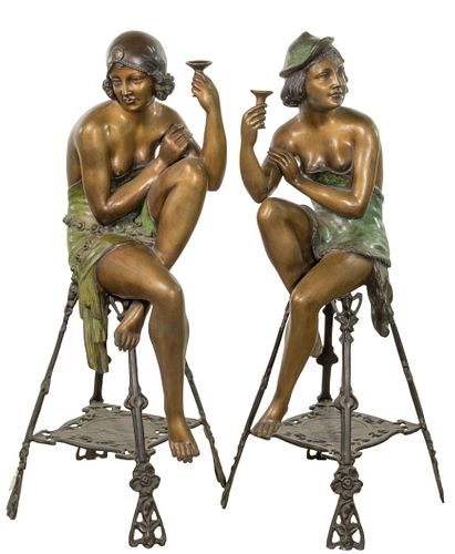 (After) Ferdinando De Luca (Italian, 1785-1869) 'Seated Flapper Girls' Patinated Bronze Sculptures