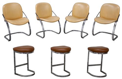 Chrome and Leather Upholstered Chair and Stool Assortment