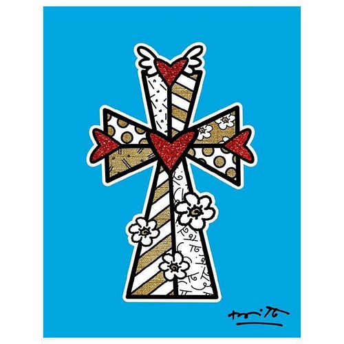 Britto, "Blessings (Blue)" Hand Signed Limited Edition Giclee on Canvas; Authenticated.