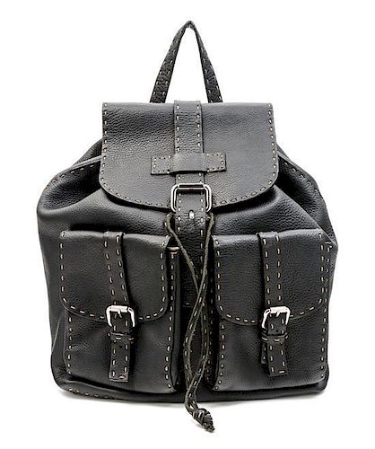 A Fendi Black Leather Backpack, 16" x 11" x 5 1/2"