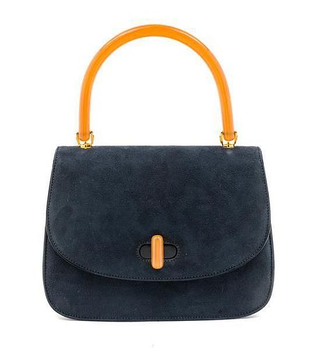 * A Gucci Navy Suede Handbag, 8.5" x 7" x 1.5"