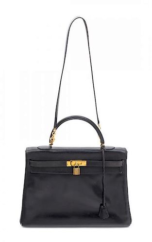 An Hermes Noir 35cm Box Calf Sellier Kelly Handbag, 14" x 9.5" x 5".