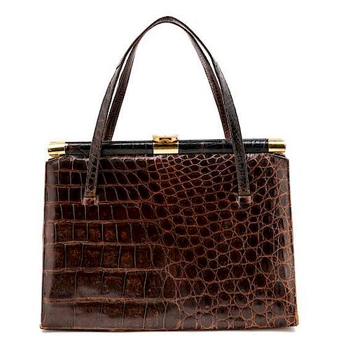 A Brown Alligator Handbag, 12.5" x 9" x 3.5".