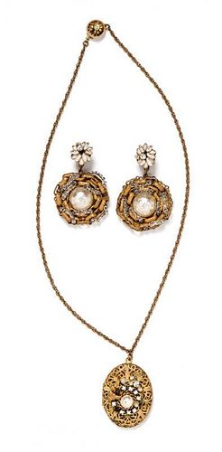 A Miriam Haskell Demi Parure, Earrings: 2.5" long, drop 1.5" diameter. Necklace: 9.5" chain, locket 1.5" x 1.25"