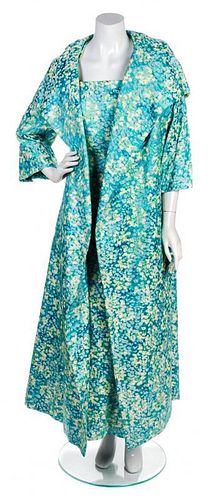 An Arnold Scassi Blue and Green Floral Evening Ensemble, No Size.