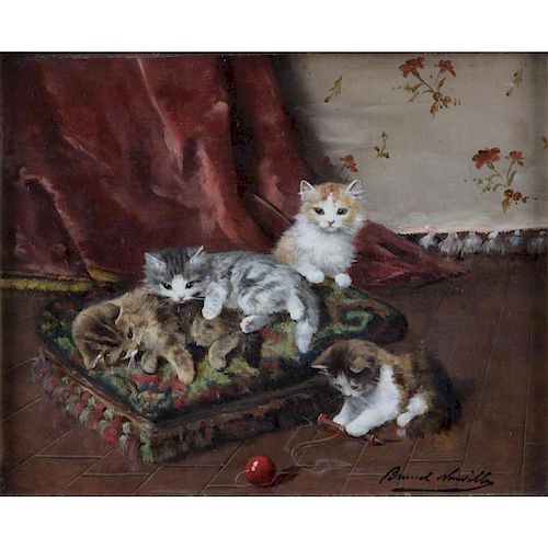 Alfred Arthur Brunel de Neuville, French (1852-1941) Oil on panel "Kittens At Play"