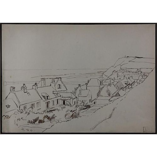 Ludovic Rodo Pissarro, French (1878-1952) Ink drawing "Hillside Village" Monogram stamp lower right