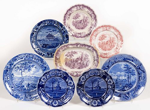 STAFFORDSHIRE AMERICAN HISTORICAL TRANSFER-PRINTED CERAMIC ARTICLES, LOT OF EIGHT