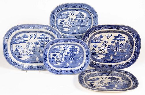 BRITISH BLUE WILLOW TRANSFER-PRINTED PLATTERS, LOT OF FIVE