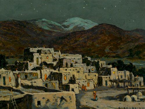 Eanger Irving Couse (1866-1936) Taos Pueblo, Moonlight ca. 1935