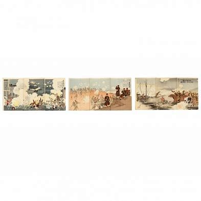 Three Russo-Japanese War Triptych Prints by Kiyochicka Kobayashi (1847-1915)