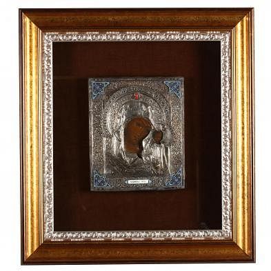A Russian Icon with Silver & Cloisson- Oklad - <i>Our Lady of Kazan</i>