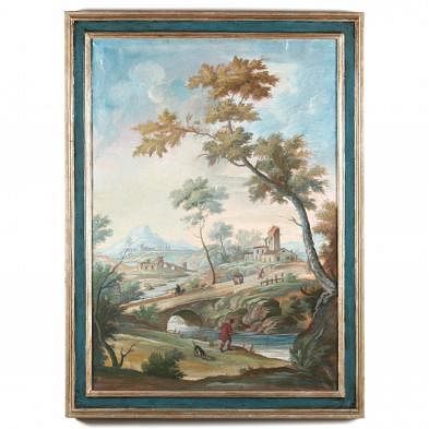 Italian Landscape Painting with Fisherman and Village