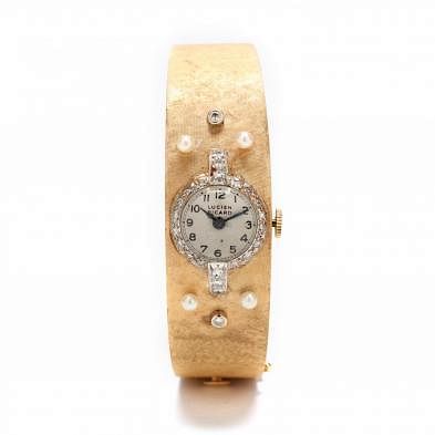 Vintage 14KT Gold, Platinum, Diamond, and Pearl Bracelet Watch, Lucien Picard