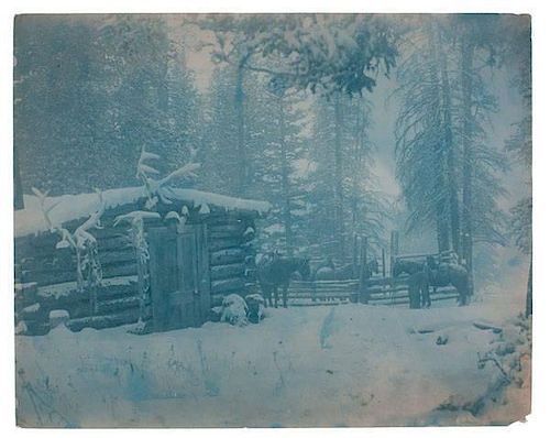 Charles J. Belden Cyanotype of a Cowboy Tending his Horse Outside a Snow-Covered Cabin 