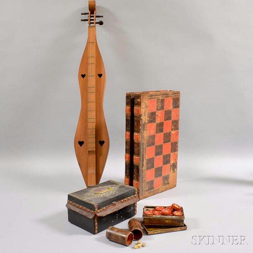 Faux Book-form Checkerboard, a Leather-bound Document Box, and a Musical Traditions Dulcimer.