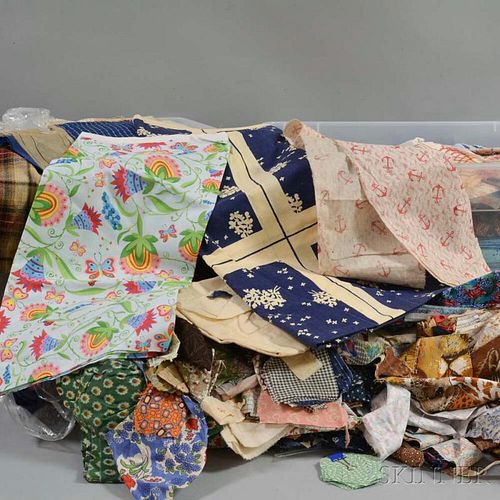 Extensive Group of Mostly Printed Cotton Fabrics, Fragments, and Linens