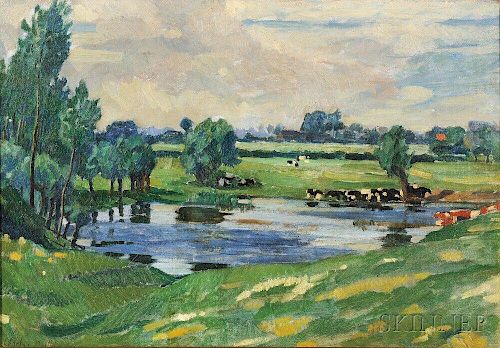 Charles Reiffel (American, 1862-1942)    Pasture with Cattle Wading