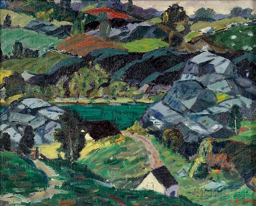 Leighton Cram (American, 1895-1981)      Landscape with Rock Ledges and Foreground House.