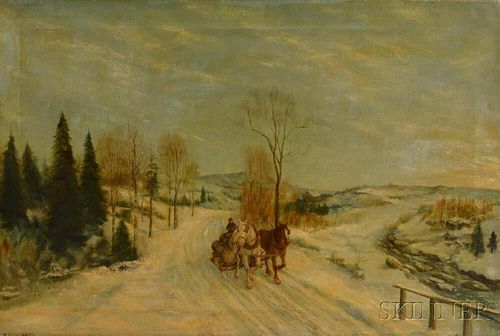 American School, 19th/20th Century      Winter Landscape with Horses Pulling a Logging Sledge.