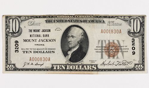 MT. JACKSON, VIRGINIA OBSOLETE NATIONAL CURRENCY $10 NOTE