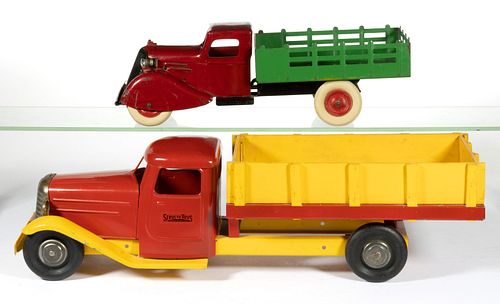 ASSORTED MANUFACTURERS STAKE-BED PRESSED-STEEL TOY TRUCKS, LOT OF TWO
