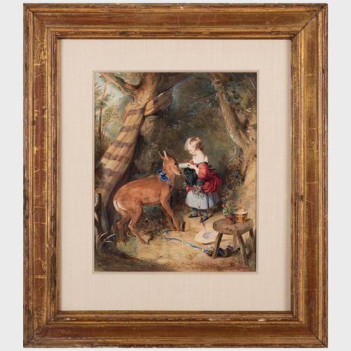 English School: A Young Girl Feeding a Deer in a Forest Glade