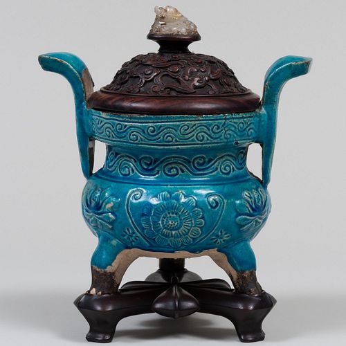 Chinese Turquoise Glazed Pottery Censer with a Carved Hardwood Cover and a Hardstone Finial
