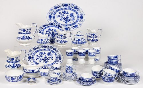 ENGLISH "HOLLAND" BLUE ONION-STYLE FLOW BLUE CERAMIC TEA AND TABLE ARTICLES, LOT OF 67