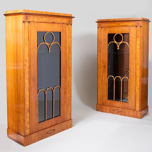 Pair of Biedermeier Cherry, Burl Birch and Ebonized Vitrine Cabinets