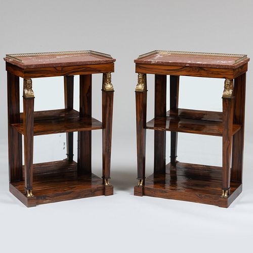 Pair of Regency Brass-Mounted Calamander Side Tables with Marble Tops