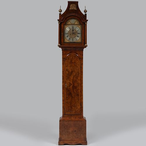 George III Brass and Burl Walnut Tall Case Clock, dial signed William Wright, London Fecit
