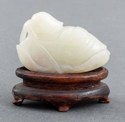 Chinese White Jade Carving of Bird on Lotus