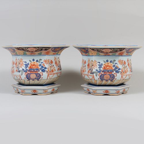 Pair of Chinese Porcelain Imari Jardineres and Underplates
