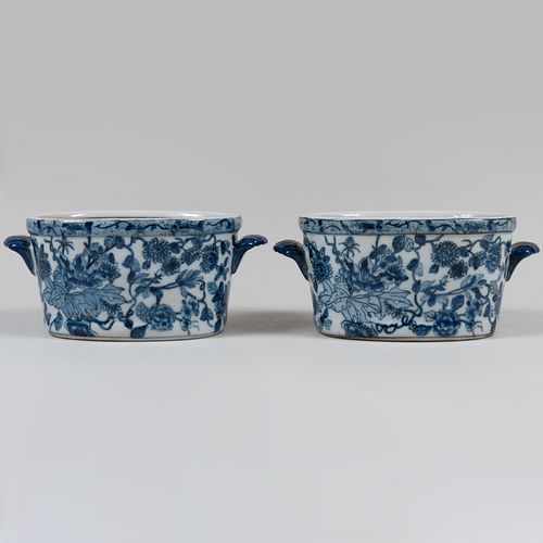 Pair of Chinese Blue and White Oval Porcelain Jardineres