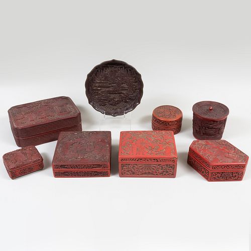 Group of Eight Chinese Cinnabar Wares