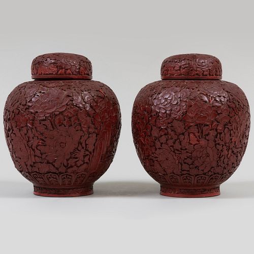 Pair of Cinnabar Lacquer Jars and Covers