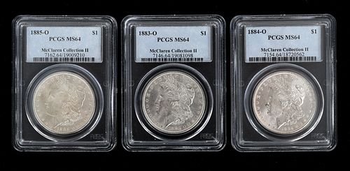 Three American Silver Dollars, 1883-1885 O