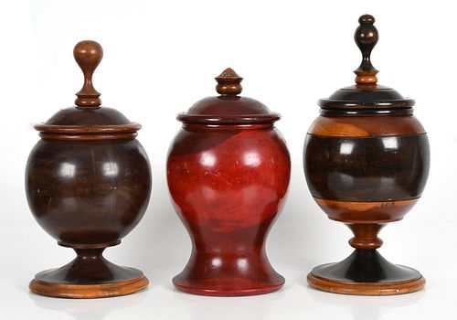 Three Large Exotic Hardwood Covered Jars