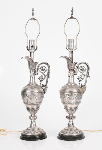 A Pair of Renaissance Revival Silver Plated Lamps