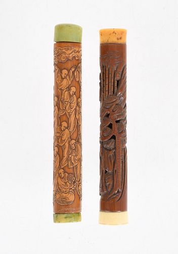 Two Chinese Carved Bamboo Joss Stick Holders