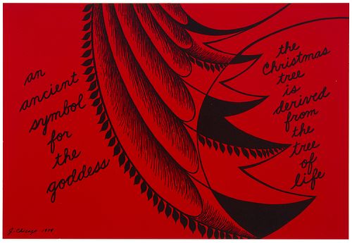 Judy Chicago, (b. 1939), "The Christmas tree is derived from the tree of life," 1979, Screenprint in red and black on cardstock, Image/Sheet: 7" H x 1